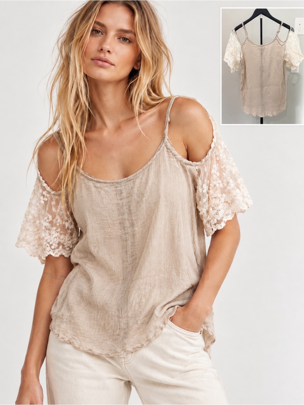 Umgee Beige Cold-Shoulder Camisole with Cream Lace Sleeves Boho Cottagecore